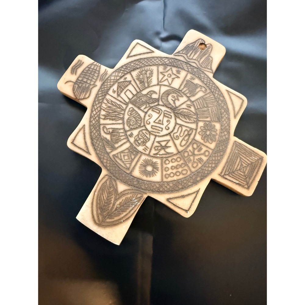 Vintage Peruvian Chakana Andean Cross Etched Stone Incan Wall Art Decor 4.5 Inch